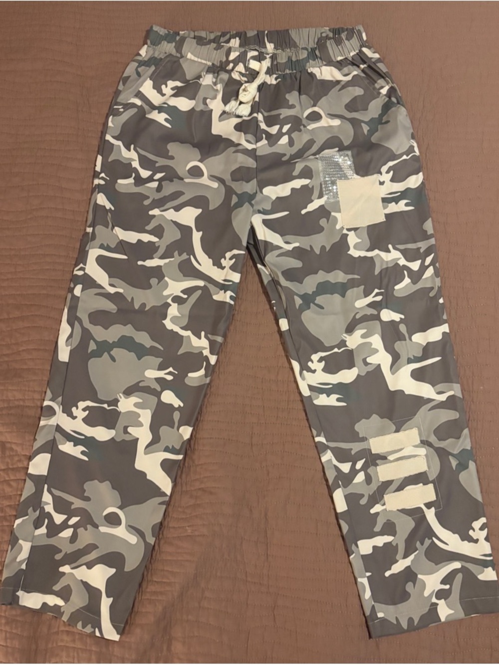 Green & Cream Camouflage Cargo Pants with Sequin Embellishment on pant leg